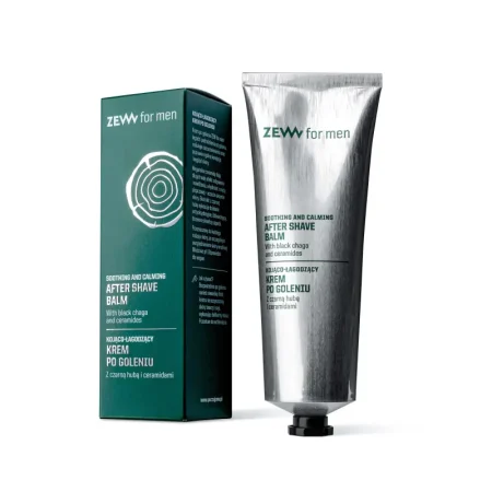Мужской успокаивающий бальзам после бритья ZEW for men с экстрактом черной чаги объемом 80 мл во флаконе на чистом белом фоне с картонной упаковкой рядом